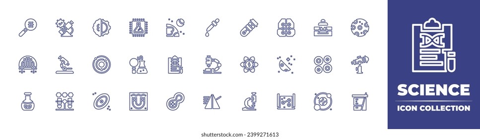 Colección de iconos de la línea de ciencia. Trazo editable. Ilustración vectorial. Con inteligencia artificial, inteligencia, sistema solar, media luna, nebulosa, mapa, parásito, gotas, ciudad, microscopio, biología.