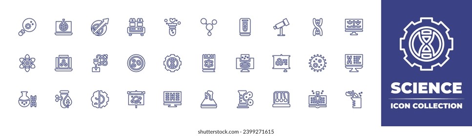 Science line icon collection. Editable stroke. Vector illustration. Containing time travel, telescope, data scientist, theory, brain, pendulum, microbiology, laboratory, test tube, dna, bacteria.