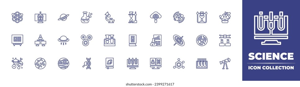 Science line icon collection. Editable stroke. Vector illustration. Containing saturn, metabolism, ufo, black hole, mars, structure, flask, experiment, stem cells, cell, dna, blood sample.