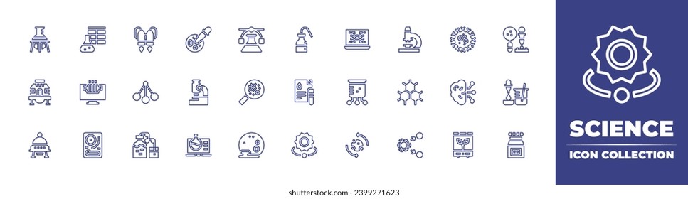 Science line icon collection. Editable stroke. Vector illustration. Containing jet pack, microscope, oscillation, structure, distilling, atom, ufo, sun, petri dish, virus, human augmentation.