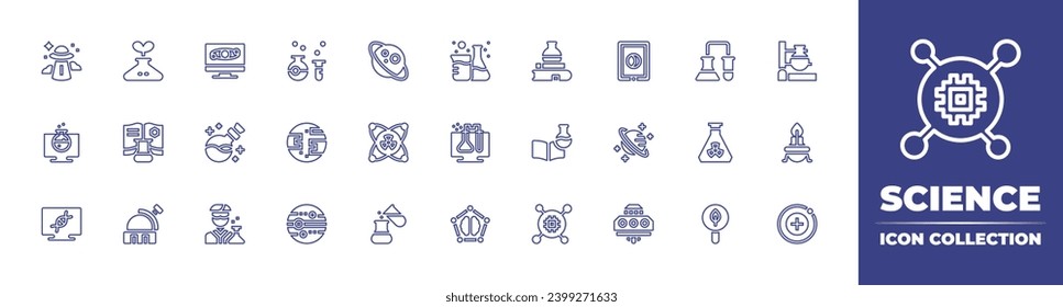 Colección de iconos de la línea de ciencia. Trazo editable. Ilustración vectorial. Conteniendo ciencia, libro, química, observatorio, nanotecnología, matraz, astronomía, átomo, quemador, protón, pc, tablet, poción.