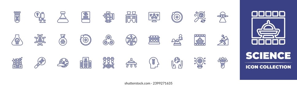Science line icon collection. Editable stroke. Vector illustration. Containing science, shake, aliens, gun, gravity, genetic modification, biology, flask, electron, tube, balance, full moon, moon.