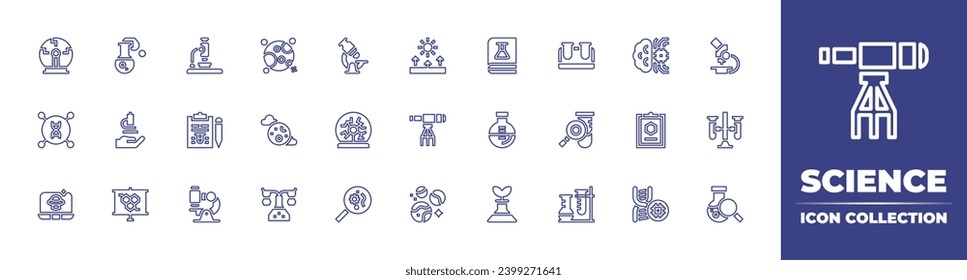 Science line icon collection. Editable stroke. Vector illustration. Containing science, sciences, flask, microscope, plasma ball, test tubes, virus, test tube, test, search, medical lab, dna, brain.