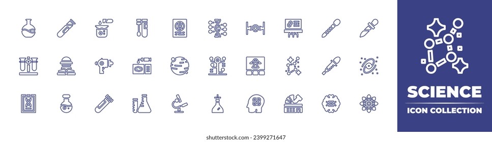 Science line icon collection. Editable stroke. Vector illustration. Containing test tube, ufo, science fiction, science, dna, pipette, planet, galaxy, microscope, atom, chemical reaction, presentation