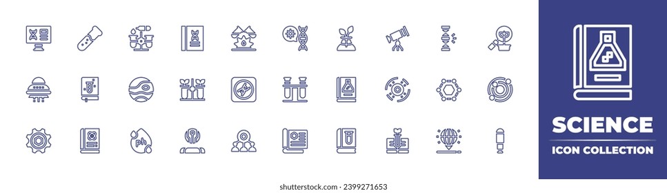 Science line icon collection. Editable stroke. Vector illustration. Containing test tube, plant, science book, science, chemical reaction, research, dna, orbit, robot, telescope, test, jupiter.