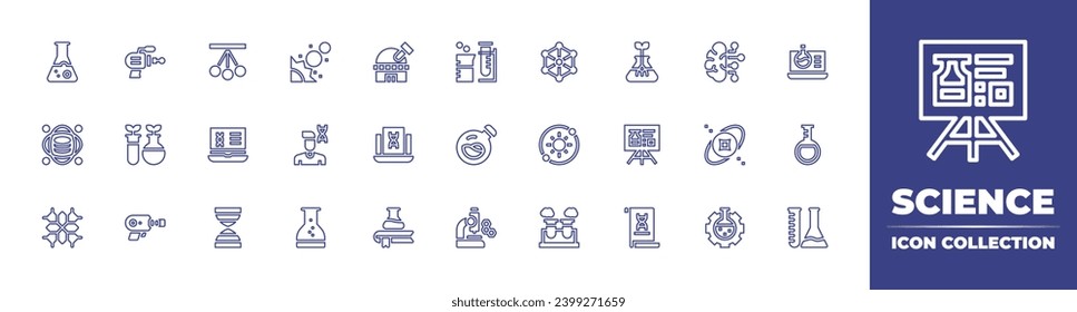 Colección de iconos de la línea de ciencia. Trazo editable. Ilustración vectorial. Conteniendo ciencia, química, ciencia de datos, matraz, citocromo, microscopio, planetas, cerebro, hombre, nebulosa, prueba, blaster, nano.