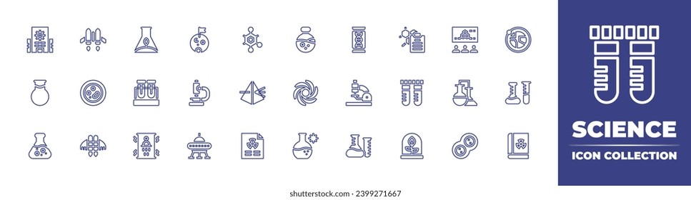 Science line icon collection. Editable stroke. Vector illustration. Containing research center, flask, test tube, black hole, tube, moon, molecules, laboratory, chemical, ufo, cell, jet pack, dna.
