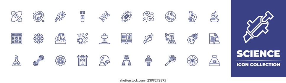 Colección de iconos de la línea de ciencia. Trazo editable. Ilustración vectorial. Conteniendo justas, ciencia ficción, ciencia, datos, células, glóbulos rojos, átomo, bacterias, investigación, cápsula espacial.