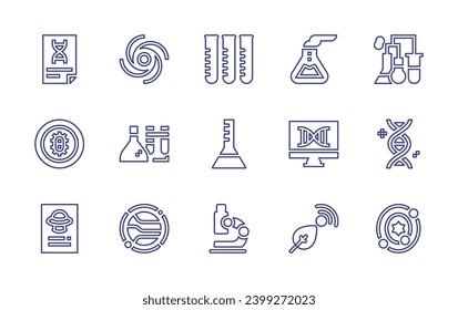 Symbol der Wissenschaftslinie gesetzt. Bearbeitbarer Strich. Vektorgrafik. Teströhren, Kolben, Mikroskop, Experiment, DNA, Sonnensystem, Computer, Smart Farm, Forschung, Wirbel, Bakterien, Chemie, Fu.