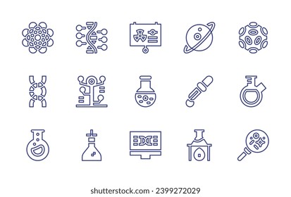 Symbol der Wissenschaftslinie gesetzt. Bearbeitbarer Strich. Vektorgrafik. Laboratorium, Kolben, DNA, Bakterien, Sättigung, Pipette, Phylogenetik, Fett, chemische Reaktion.