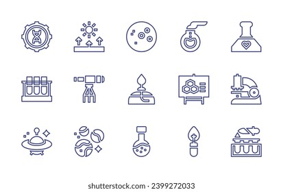 Science line icon set. Editable stroke. Vector illustration. Containing full moon, burner, flask, florence flask, tube, biology, microscope, leaf, test tubes, genetic engineering, refraction.