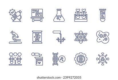 Science line icon set. Editable stroke. Vector illustration. Containing chemical, corrosive, cancer, test tube, amoeba, virus, test tubes, atom, genetic, microscope, chemistry, board, dna, beaker.