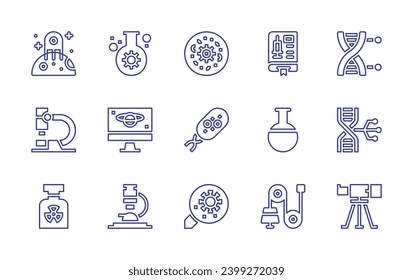 Science line icon set. Editable stroke. Vector illustration. Containing book, dna, flask, biogenetic, physics, telescope, chemistry, moon, microscope, bioengineering, screen, microorganism, virus.