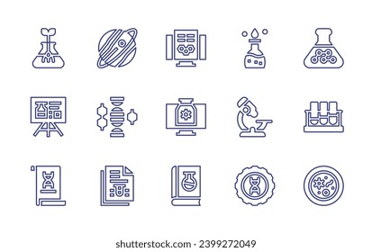 Science line icon set. Editable stroke. Vector illustration. Containing bunsen burner, material, microscope, test tubes, genetic engineering, petri dish, flask, presentation, research, report.