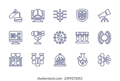 Science line icon set. Editable stroke. Vector illustration. Containing telescope, magnetic field, artificial intelligence, test tube, computer, bomb, chemical, phylogenetic, protected, virus, test.