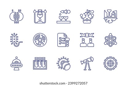 Conjunto de iconos de la línea de ciencia. Trazo editable. Ilustración vectorial. Conteniendo virus, teoría, experimento, procariótico, célula, ufo, muestra de sangre, colonia espacial, átomo, telescopio, eclipse, brote, investigación, dna.