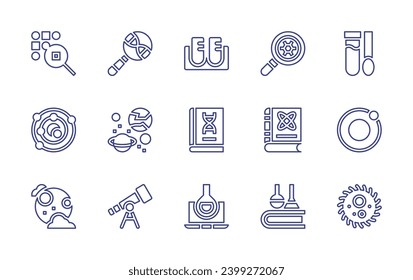 Science line icon set. Editable stroke. Vector illustration. Containing science, chemistry, nanotechnology, test tube, moon, virus, sample, universe, full moon, search, saturn, telescope, lab, book.