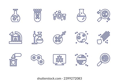 Science line icon set. Editable stroke. Vector illustration. Containing investigation, research, full moon, meteorite, planet, earth, potion, observatory, test tube, chemistry, molecule, ufo, petri.