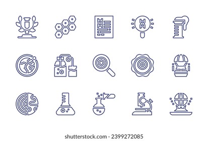 Conjunto de iconos de la línea de ciencia. Trazo editable. Ilustración vectorial. Con ciencia, células, órbita, destilación, núcleo, reporte, búsqueda, ameba, reacción química, microscopio, tubo de ensayo, cápsula, holograma.