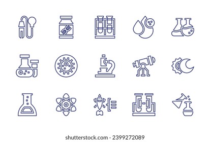 Science line icon set. Editable stroke. Vector illustration. Containing test tube, eclipse, experiments, pipette, dna, flask, bacteria, atom, water, microscope, stargazing, fish.