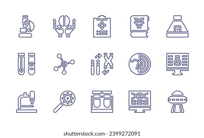 Conjunto de iconos de la línea de ciencia. Trazo editable. Ilustración vectorial. Con feria de ciencia, ufo, cápsula espacial, microscopio, inteligencia artificial, tubos de ensayo, metano, biología, informe, libro, cromosoma.