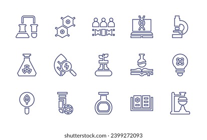 Science line icon set. Editable stroke. Vector illustration. Containing science, chemistry, experiment, genetic engineering, microscope, test tube, magnifying glass, nucleotide, group, research, lab.