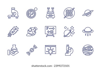 Conjunto de iconos de la línea de ciencia. Trazo editable. Ilustración vectorial. Con giroscopio, saturn, planeta, ufo, microscopio, mars, bacterias, matraz, tierra, luna llena, adn, centrifugadora, fórmula, idea.