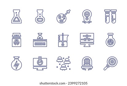 Science line icon set. Editable stroke. Vector illustration. Containing test tubes, hypothesis, search, flask, test tube, scale, chemical, chemistry, petri dish, microbe, beaker, computer, ufo, brain.