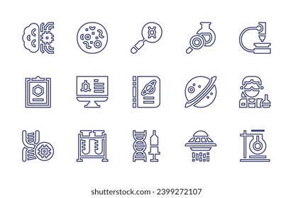 Science line icon set. Editable stroke. Vector illustration. Containing research, microscope, saturn, scientific, ufo, chemistry, dna, brain, report, test tubes, genetic engineering, bacteria, genetic