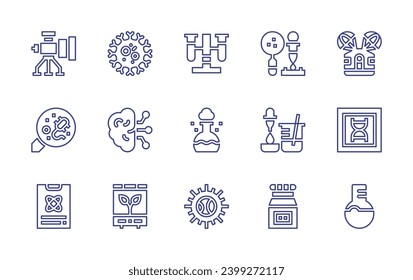 Science line icon set. Editable stroke. Vector illustration. Containing experimentation, telescope, virus, examine, human augmentation, clipboard, incubator, space capsule, dna structure, toxic.