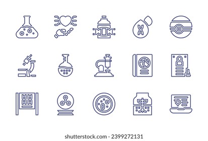 Conjunto de iconos de la línea de ciencia. Trazo editable. Ilustración vectorial. Conteniendo feria de ciencia, ciencia, neptune, tubo de ensayo, sensación, microscopio, matraz, genética, biología molecular, muestra, sangre, libro, petri.