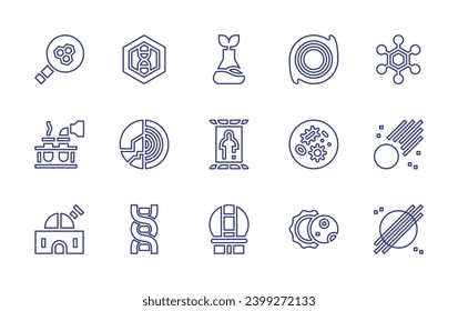 Symbol der Wissenschaftslinie gesetzt. Bearbeitbarer Strich. Vektorgrafik. Mit schwarzem Loch, Struktur, Petrischale, Asteroid, Eklipse, Planet, Forschung, Experiment, Observatorium, DNA, Kolben, Schichten.