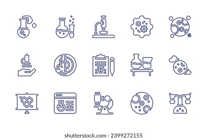 Science line icon set. Editable stroke. Vector illustration. Containing science, sciences, microscope, microorganism, test, chemistry, mars, flask, moon.