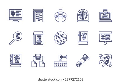 Conjunto de iconos de la línea de ciencia. Trazo editable. Ilustración vectorial. Conteniendo ciencia, libro de ciencia, forense, ficción, ciencia de datos, litmus, cerebro, planeta, libro, microscopio, análisis de sangre.