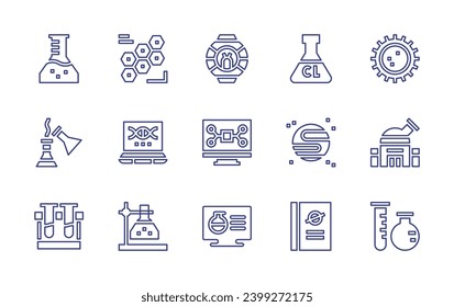 Science line icon set. Editable stroke. Vector illustration. Containing ultra chlorine, cell, planet, observatory, book, chemistry, beaker, experiment, test tubes, cells, dna, flask, ufo, digital.