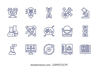 Science line icon set. Editable stroke. Vector illustration. Containing test tube, light, flask, spaceship, chemical, bioinformatics, dna, ufo, cell, volume, electron, research, microscope, open book.