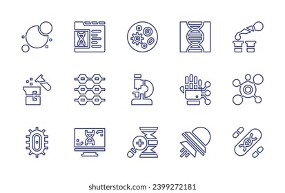 Symbol der Wissenschaftslinie gesetzt. Bearbeitbarer Strich. Vektorgrafik. Petrischale, Mikroskop, DNA, Experiment, Molekül, Gentherapie, mechanischer Arm, ufo, Reaktion, Gewebe, Lipid, Bakterien.