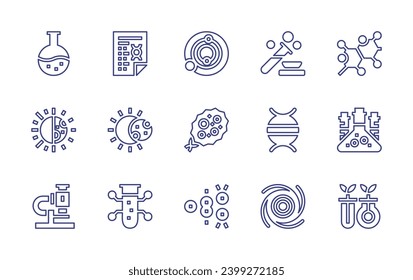 Science line icon set. Editable stroke. Vector illustration. Containing experiment, cell, dna, chemicals, black hole, biology, microscope, flask, day and night, biotechnology, eclipse, microorganism.