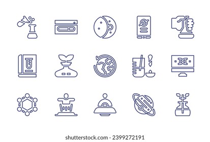 Science line icon set. Editable stroke. Vector illustration. Containing science, loading, chemistry, research, molecule, teleportation, waxing moon, mobile phone, around the world, lab, ufo, planet.