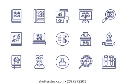 Conjunto de iconos de la línea de ciencia. Trazo editable. Ilustración vectorial. Conteniendo libros de ciencia, computación, ficción, ciencia, ph meter, presentación, luna, observatorio, laboratorio, fertilización, búsqueda.