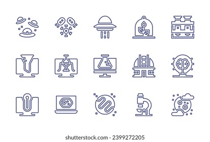 Science line icon set. Editable stroke. Vector illustration. Containing keplers law, spaceship, chemistry, test tube, idea, moon, plant, telescope, education, ufo, bacteria, virtual lab, plant cell.