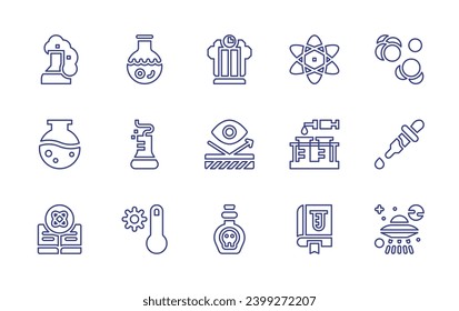 Conjunto de iconos de la línea de ciencia. Trazo editable. Ilustración vectorial. Contiene matraz, tubo, química, clima caliente, máquina del tiempo, átomo, reflectante, tubos de ensayo, poción, libro, molécula, pipeta, ufo.