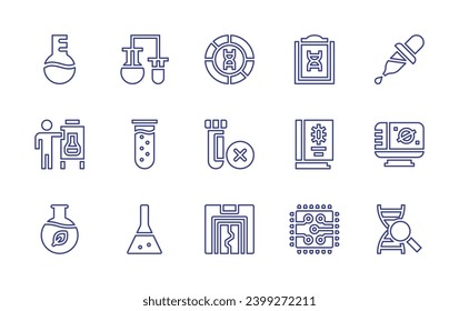 Conjunto de iconos de la línea de ciencia. Trazo editable. Ilustración vectorial. Consta de laboratorio, tubo de ensayo, feria científica, química, matraz, dna, reportaje, libro, puerta, chip, cuentagotas, portátil.