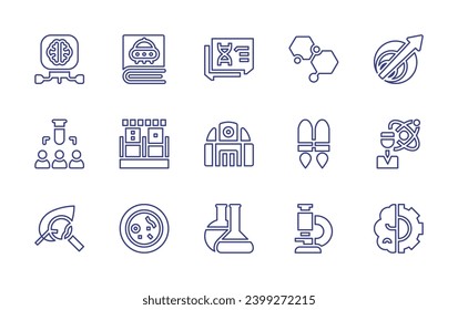 Conjunto de iconos de la línea de ciencia. Trazo editable. Ilustración vectorial. Conteniendo molecular, tiempo de viaje, jetpack, científico de datos, microscopio, cerebro, experimentos, hoja, libro, muestra de sangre, célula, diálogo.