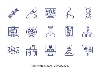 Science line icon set. Editable stroke. Vector illustration. Containing research, flask, health, dna, presentation, molecule, healing, laboratory, petri dish, pipette, biology.