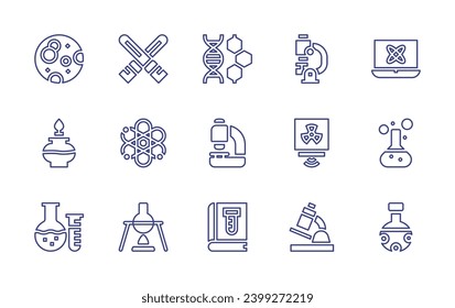 Symbol der Wissenschaftslinie gesetzt. Bearbeitbarer Strich. Vektorgrafik. Enthält und, Mikroskop, Wissenschaftsbuch, Atom, Strahlung, Kolben, Chemie, Vollmond, Lichtschwert, Feuer, bunsen Brenner.