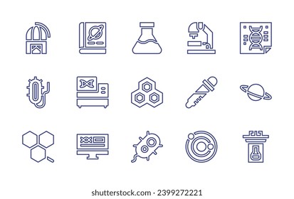 Science line icon set. Editable stroke. Vector illustration. Containing flask, cell, bacteria, poster, planet, lectern, microscope, dropper, solar system, observatory, chemical, dna, astronomy.