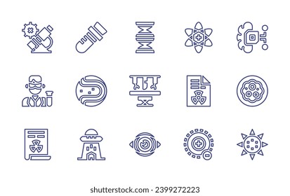 Symbol der Wissenschaftslinie gesetzt. Bearbeitbarer Strich. Vektorgrafik. Chirurgischer Roboter, Monitor, künstliche Intelligenz, Zelle, Virus, Atom, Atomenergie, Elektron, Mikroskop, Wissenschaftler, Prüfrohr.