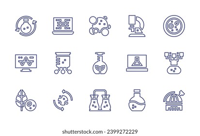 Science line icon set. Editable stroke. Vector illustration. Containing staphylococcus, gmo, chemical, microscope, cell, laptop, research, flask, observatory, dna, analysis, beaker, plant cell.