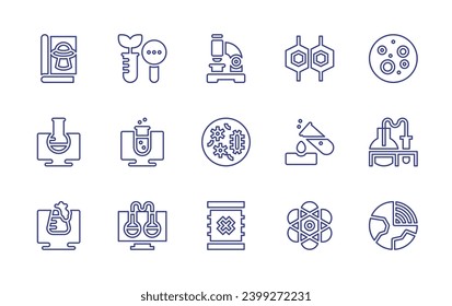 Science line icon set. Editable stroke. Vector illustration. Containing toxic waste, microscope, petri dish, moon, test tube, geography, cell, chemical, atom, magazine, research, virtual lab.